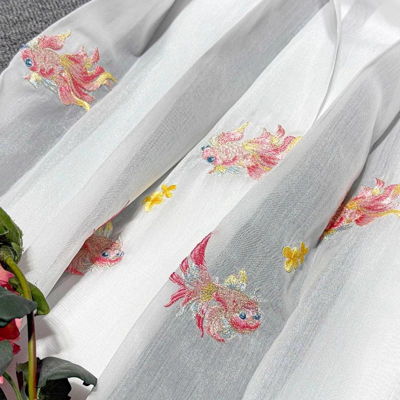 Printing Silk Chiffon Fabric Koi Carp Embroidery Fabric Tulle Handmade DIY Chinese Ancient Hanfu Stage Dance Dress Wedding Decor