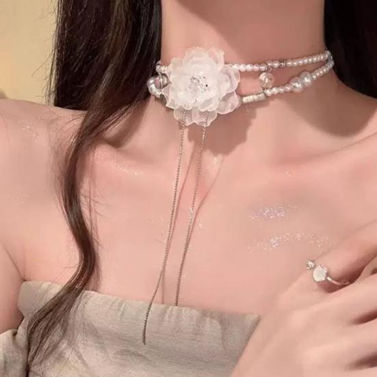 Faux Pearl Choker Necklace Women Elegant White Faux Pearl Necklace Sparkling Rhinestone Choker for Weddings Parties Dating