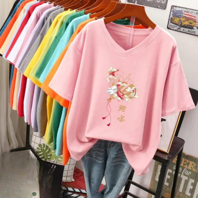 Kurzärmeliges T-Shirt, Locker sitzend, Schlankmachendes bedrucktes V-Ausschnitt-Top für Damen