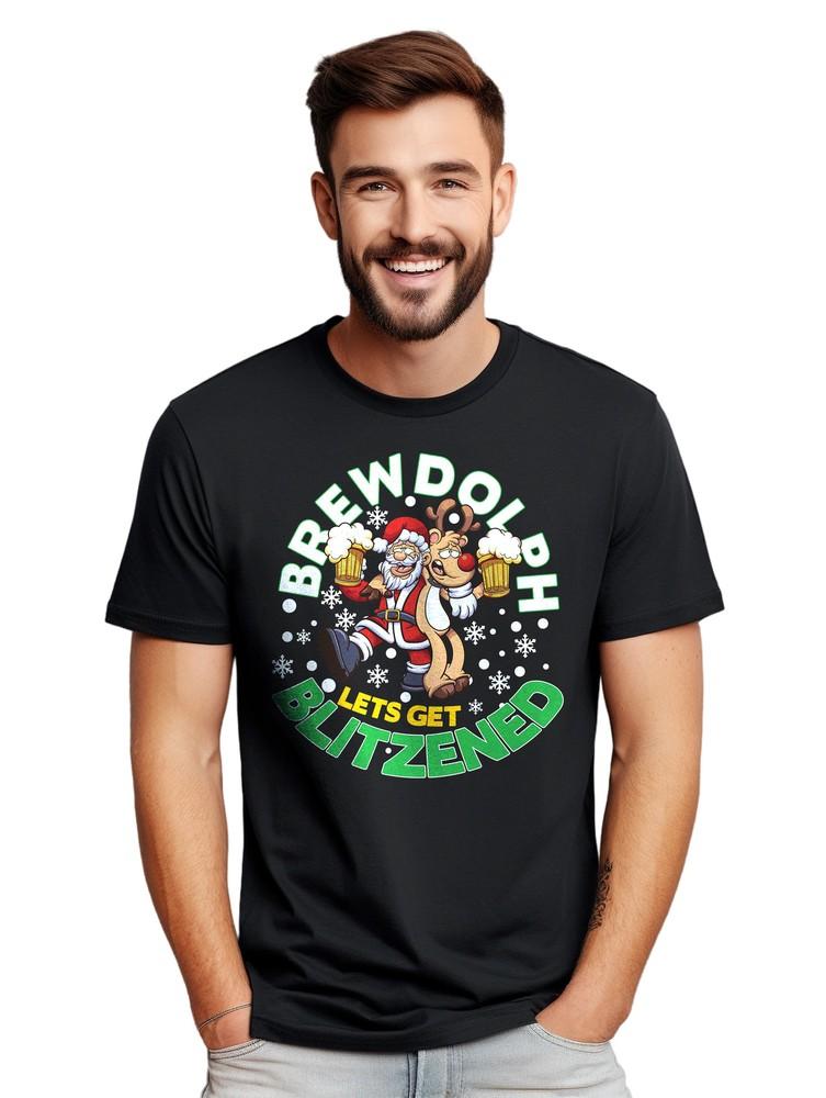Brewdolph Blitzend Funny T-Shirt - Santa Claus and Reindeer Got a Brew Makeover!