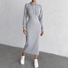 2025 Autumn Winter Solid Long Sleeve Maxi Dress for Women Clothing Elegant Skinny Elastic Gray Hooded Dresses Fashion Streetwear
