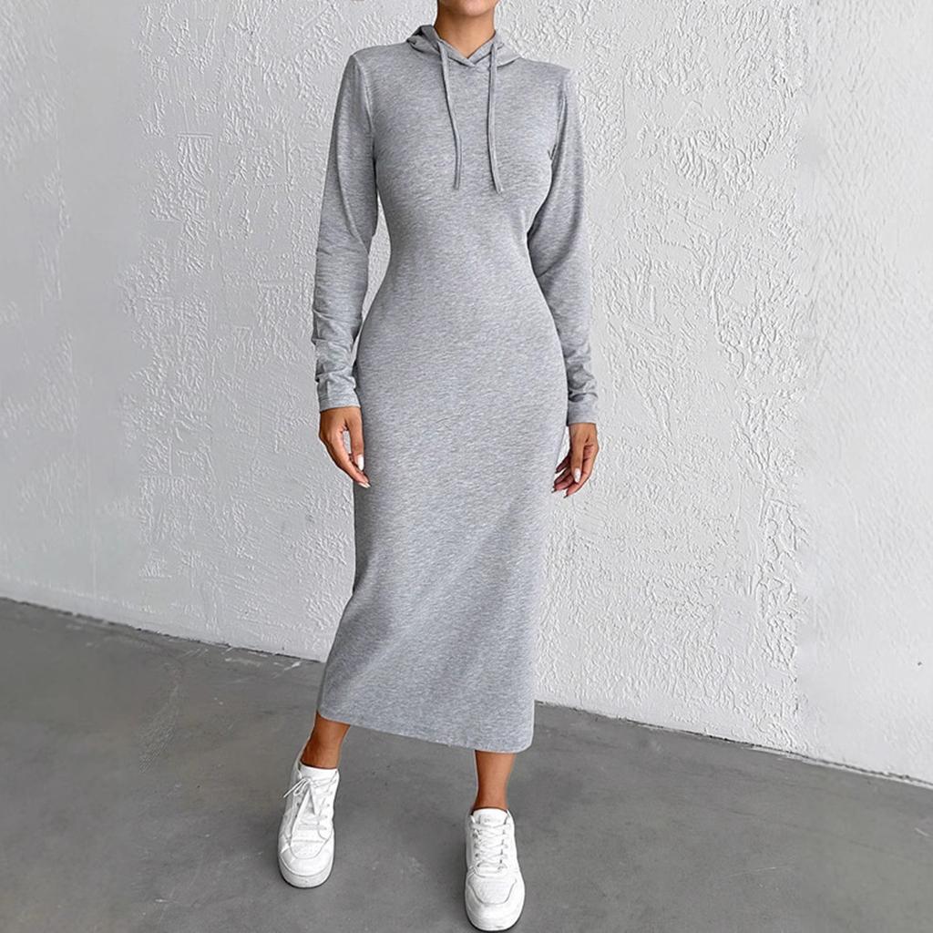 2025 Autumn Winter Solid Long Sleeve Maxi Dress for Women Clothing Elegant Skinny Elastic Gray Hooded Dresses Fashion Streetwear