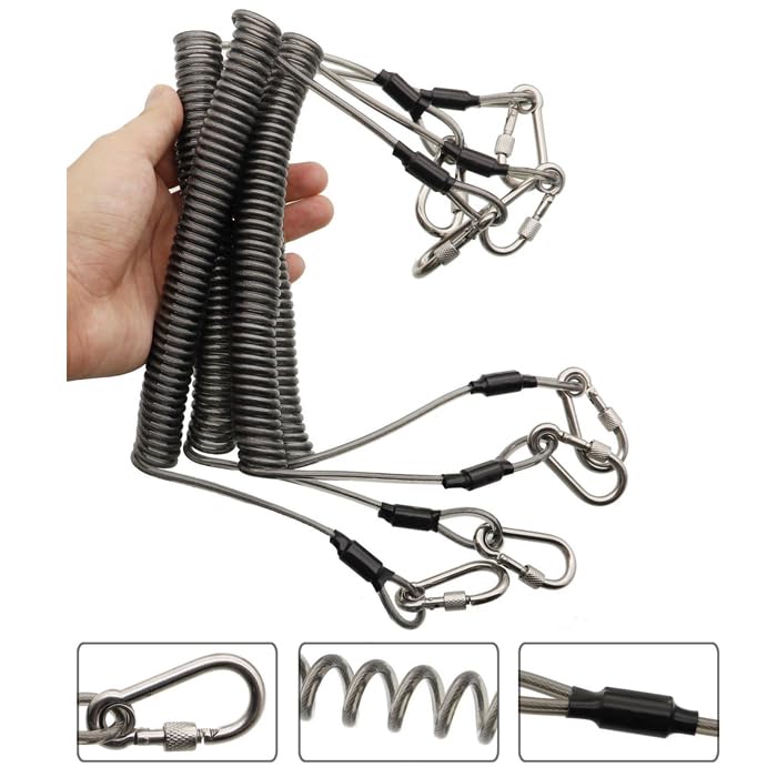Strong Spiral Cord, Long, with Screw Carabiner, Maximum Extension of 3m, 30kg Weight Capacity, Wire, Shimte Rope, Fishing, Climbing, Camping