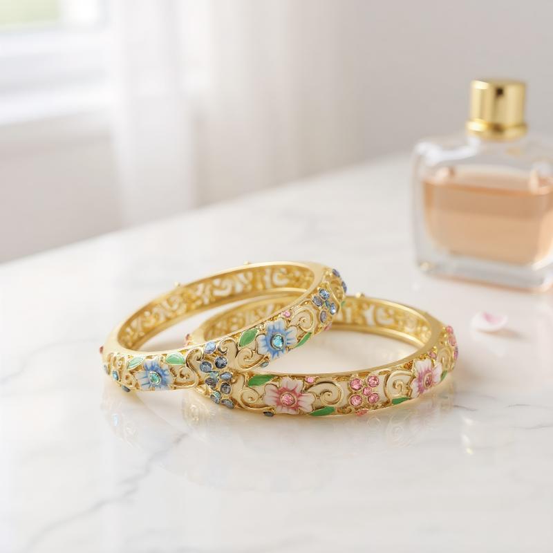 Elegant Enamel Floral Bracelet; Vintage Cloisonne Bangle; Ethnic-Style Women's Jewelry; Exceptional Gift Pieces.