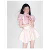 Summer suit Polo collar short bubble sleeve casual top women's strap short skirt two-piece set free bow tie