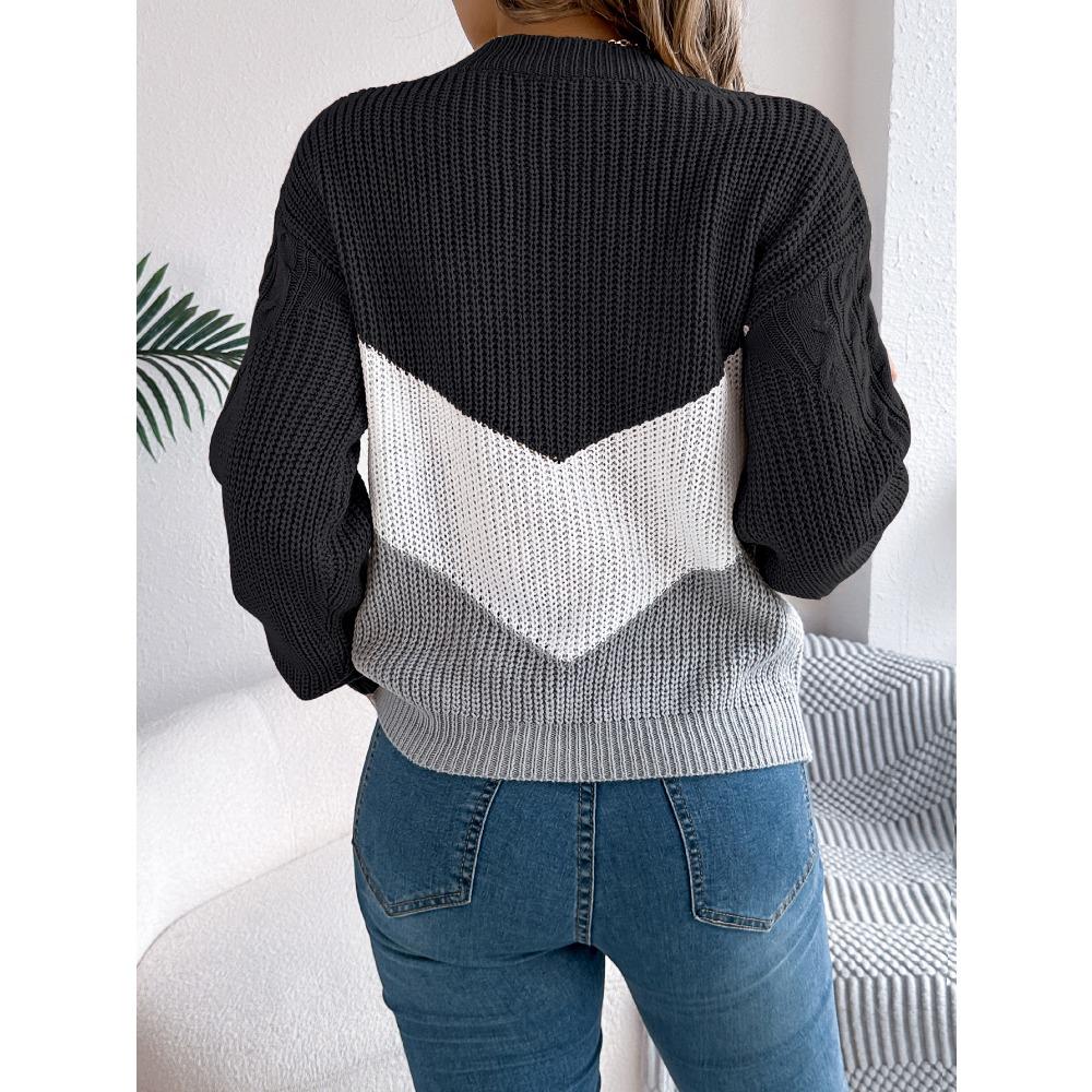 Women's Autumn/Winter Sweatshirt-Style Casual Colour-Block Cable-Knit Bell-Sleeve Pullover Loose-Fit Knitted Top for Ladies