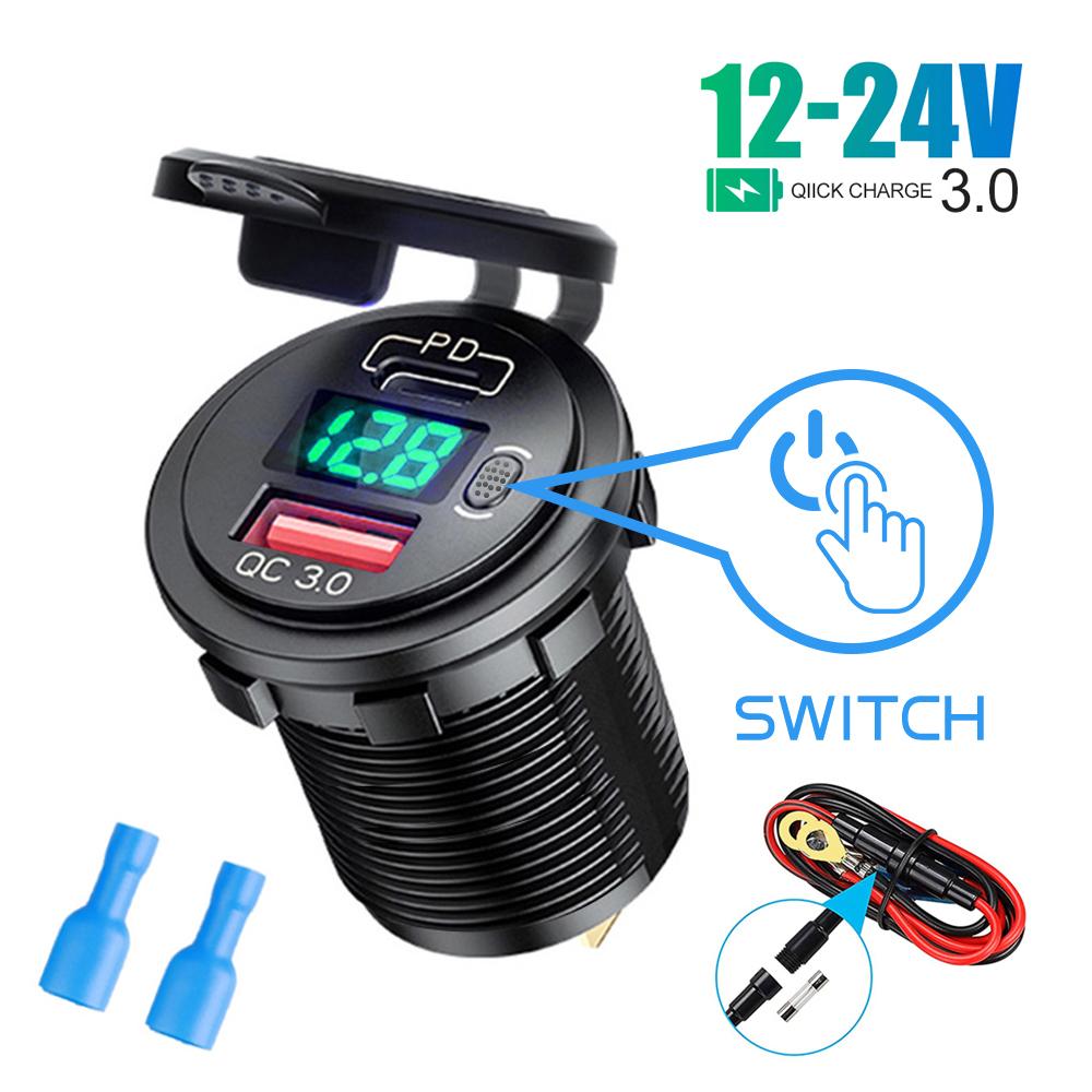 

Автомобильное зарядное устройство 12 В/24 В с переключателем включения/выключения, дисплей напряжения, 45 Вт PD USB QC 3,0, быстрое зарядное устройство для автомобиля, грузовика, лодки, мотоцикла на колесах wtih wire
