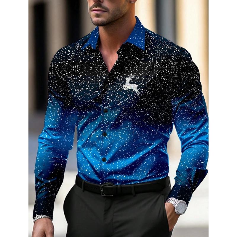 Camicie da Uomo a Tema Natalizio con Stampa Alberi di Natale Grafiche Degradé Fiocchi di Neve Camicie a Manica Lunga Button-Up Top alla Moda