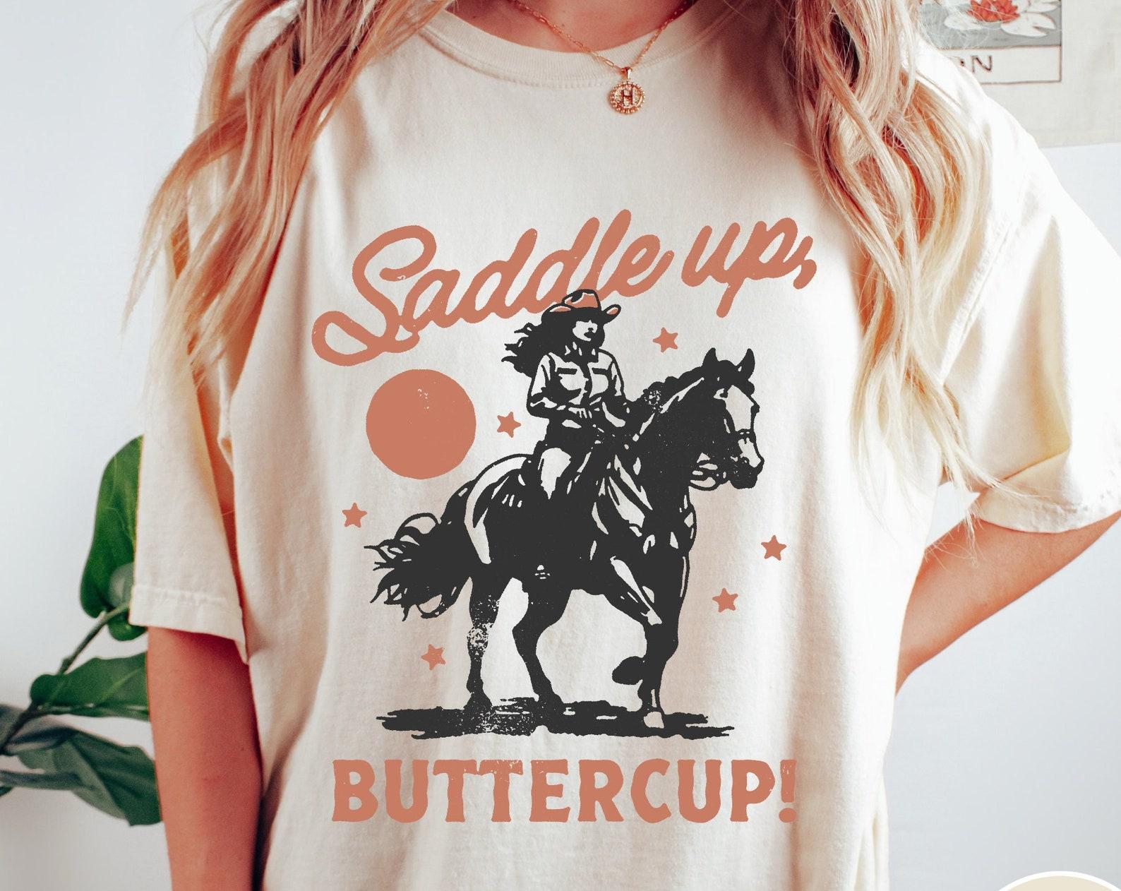 Retro Cowgirl Comfort Colors T-Shirt, Vintage Western Saddle Up Buttercup Cowgirl Graphic Tee 3XL