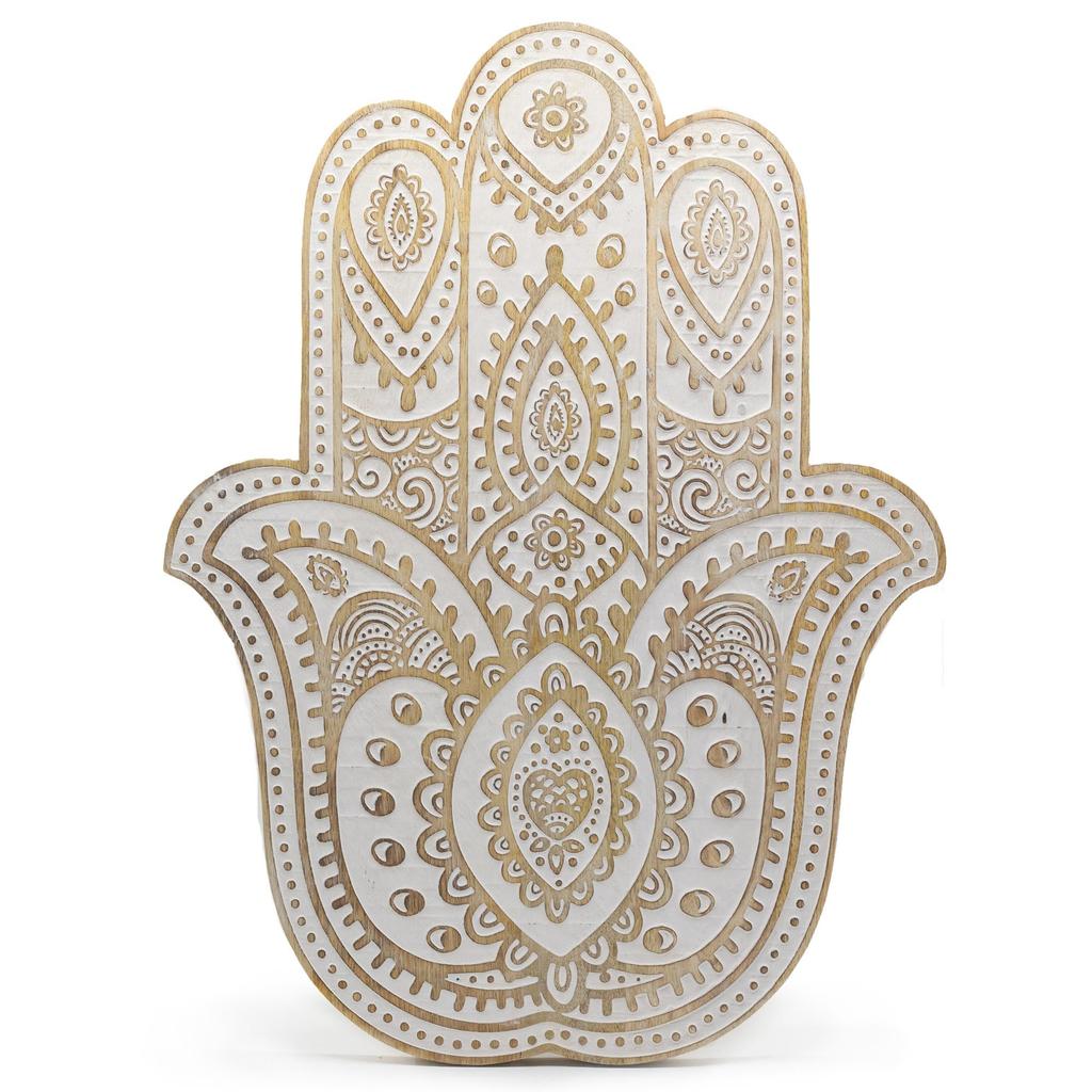 Hamsa Hand Wandplakette, Mangoholz Weißwaschung