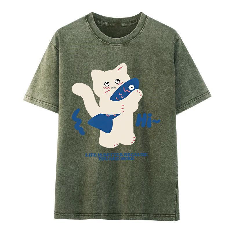 2026 Summer American Retro Men’s Washed Short Sleeve T-shirt - Trendy Loose Fit with Vintage Print