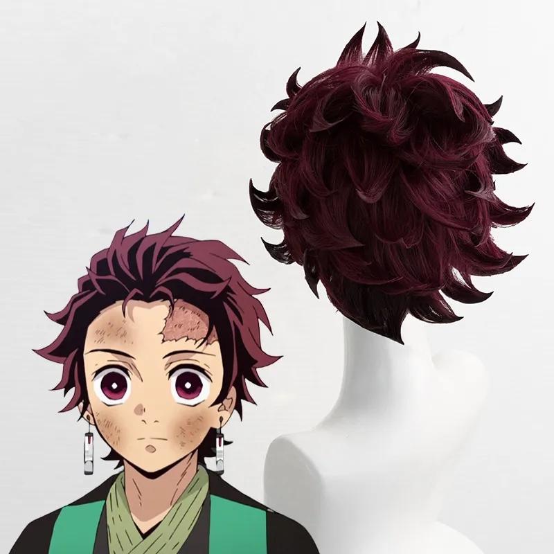 Kimetsu No Yaiba Tanjiro Kamado Cosplay Wig Short Chestnut Brown Heat Resistant Hair Cosplay Wigs