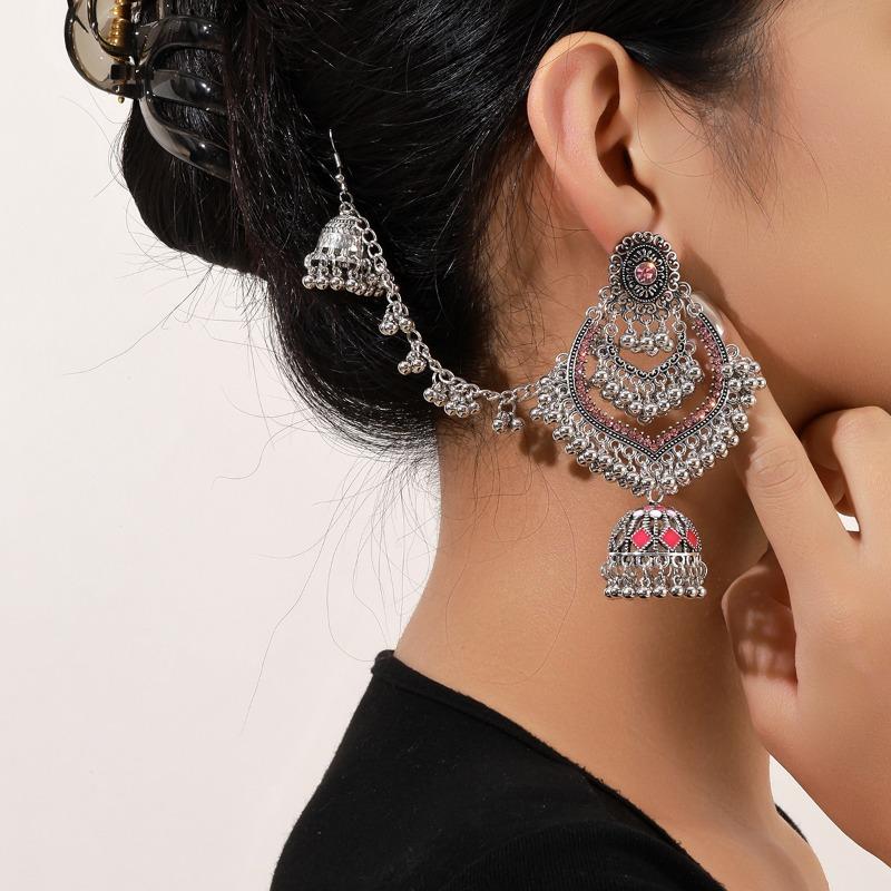 

Retro Ethnic Style Diamond-encrusted Bell Tassel Earrings and Hair Chain Set Grand Accessories 1 pair червоний