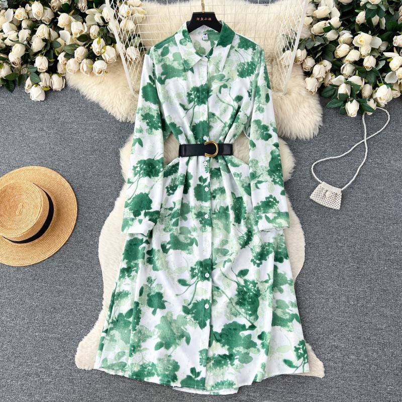 French retro light luxury high-end long-sleeved lapel single-breasted printed dress women's waist temperament big swing shirt skirt