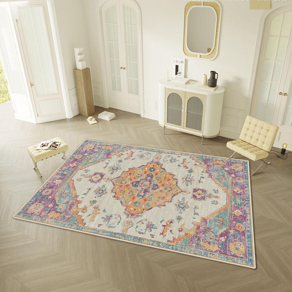Persischer Retro-Stil Wohnzimmerteppich Leichte Luxusdekoration Zuhause Leicht zu reinigende Bodenmatte Schlafzimmer Ankleidezimmer Rutschfester Waschbarer Teppich