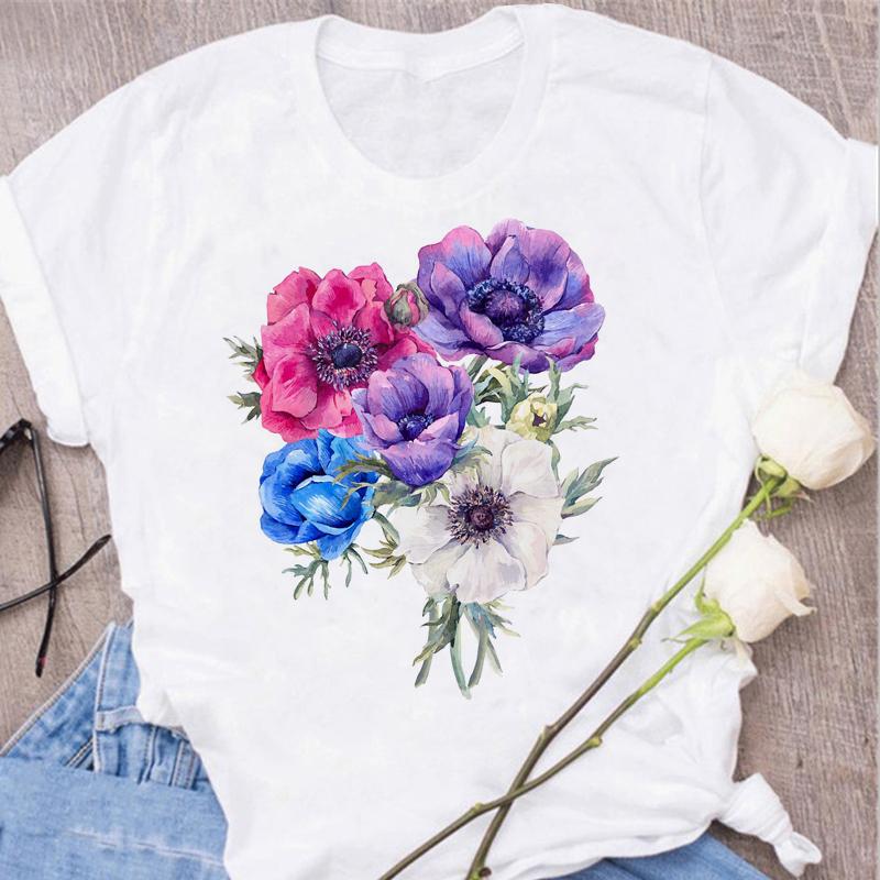 Women's Tops Fashion Flower Floral Print Lady T-shirt Casual Short Sleeve Aesthetic Clothes Shirt T-shirts Female Tops Tees