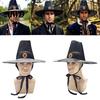 Comfortable Stage Hat Vintage Korean Gat Hat, Black Mesh Wide Brim Joseon Dynasty Outdoor Performance Scholar with Neck Strap, Halloween Cosplay