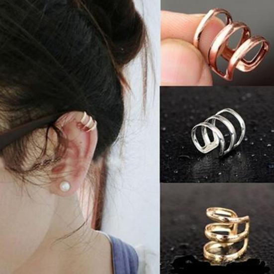 1Pc Ear Clip Cuff Simple Dual Use Women Adjustable 3-ring Hollow Finger Ring for Shopping Travel