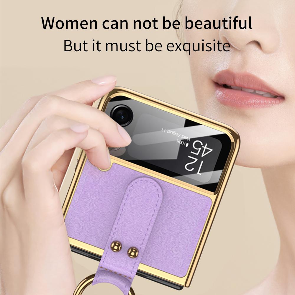 For Samsung Galaxy Z Flip 3 5g Case Original Case Luxury Plating Leather Strap Ring Stand Hard Cover For Samsung Z Flip 3 5g