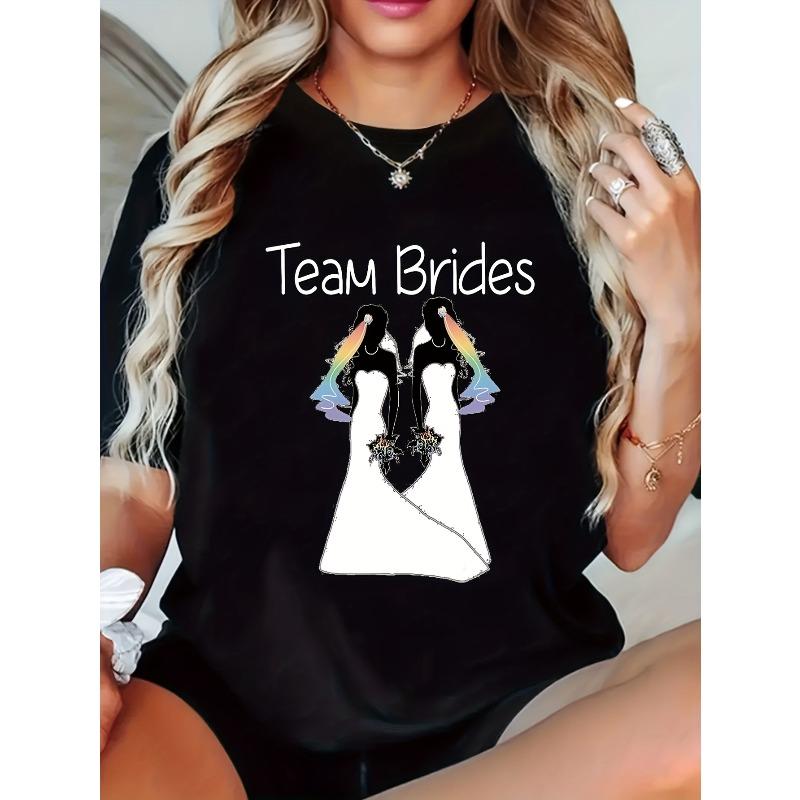 

Women s Casual Short Sleeve T-Shirt - Team Brides Graphic Print with Geometric Rainbow Design comfortable M чорний