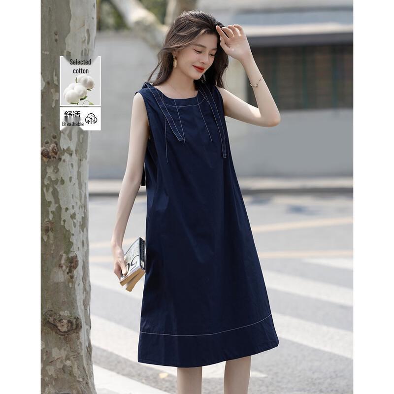 

Demana Women s Pure Cotton Contrast Stitch Tie-Neck Midi Dress S