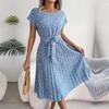 Spring Summer Women Short Sleeve Floral Pleated High Waist A Line Long Dress