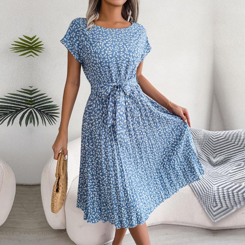 Spring Summer Women Short Sleeve Floral Pleated High Waist A Line Long Dress