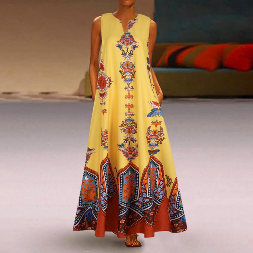 Women Plus Size Print Daily Casual Sleeveless Vintage Bohemian V Neck Maxi Dress