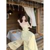 Kumikumi French Style Gentle Style Yellow Hanging Neck Tube Top Dress Women Summer Waist Hugging Slimming A- Line Skirt Long Dress