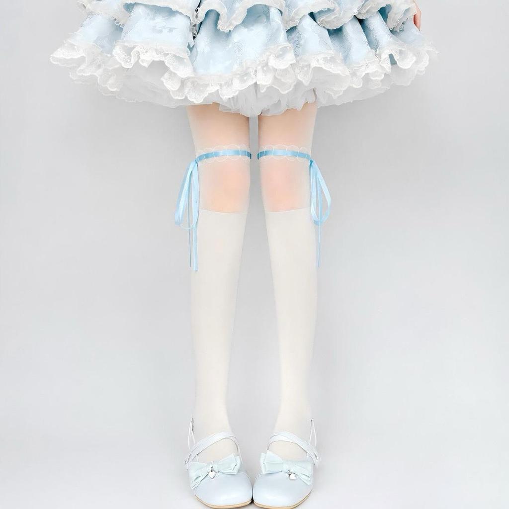 Mu Ruan Black & White Bow Tie Lace Pantyhose - Spring/Summer Lolita Style