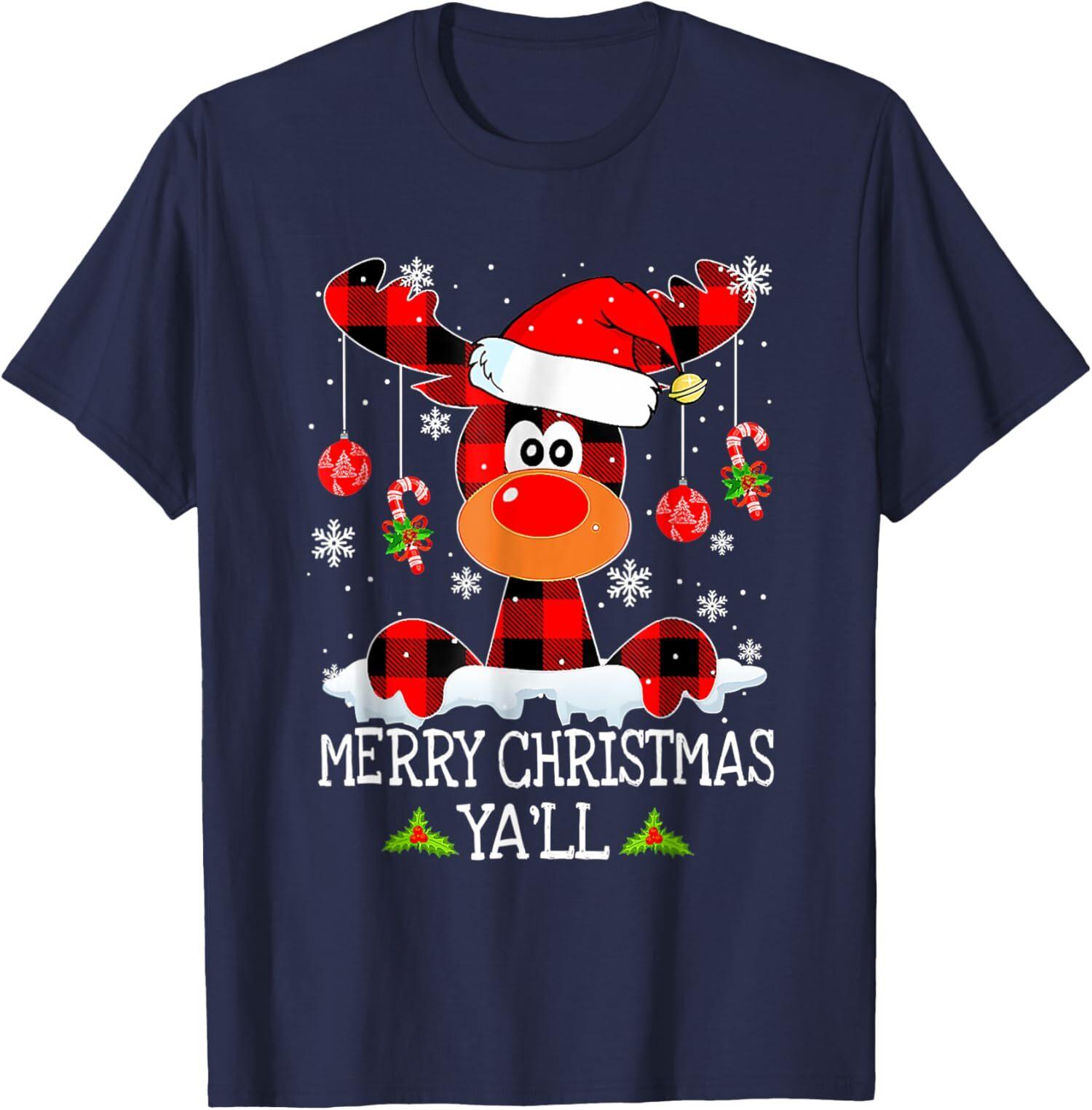Merry Christmas Ya ll Reindeer Santa Hat Buffalo Unisex T-shirt M