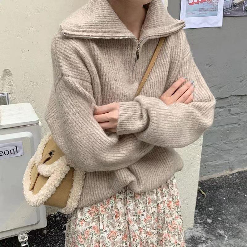 Autumn Loose Solid Color Half-Zip Knit Sweater with Turn-Down Collar for Women