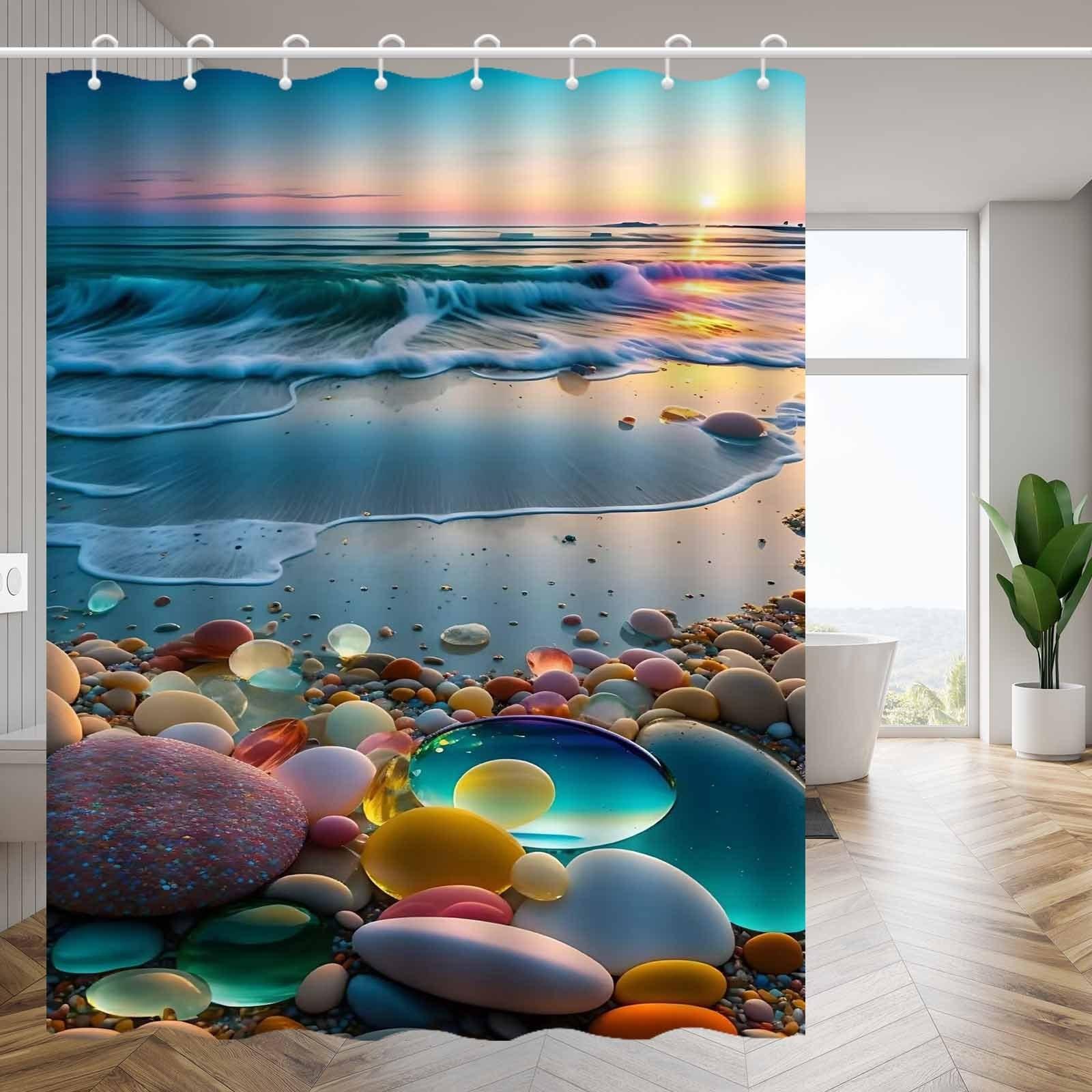 

Crystal Pebble Beach Marine Landscape Shower Curtain Washable Dirt-Resistant Shower Head Waterproof Polyester Bath Curtain W60H190(CM)-1 Pcs