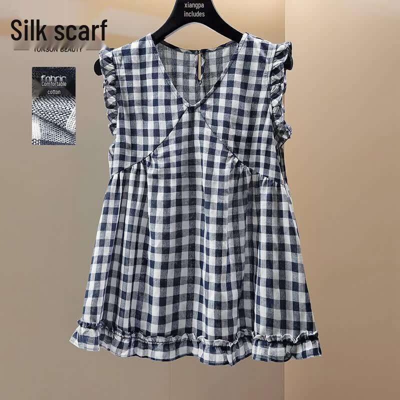 Women s Contrast Plaid V-Neck Sleeveless Blouse S