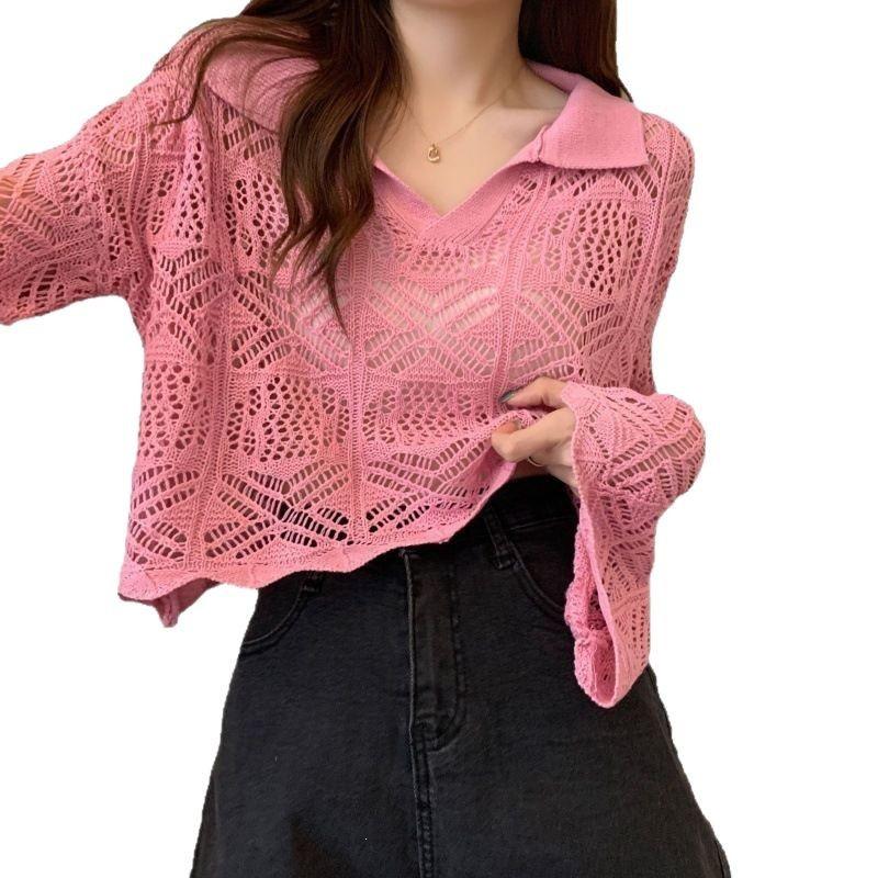 Women's Niche Hollow-Out Long-Sleeve Knit Sweater with Lapel Flare Sleeves - Early Spring Edition