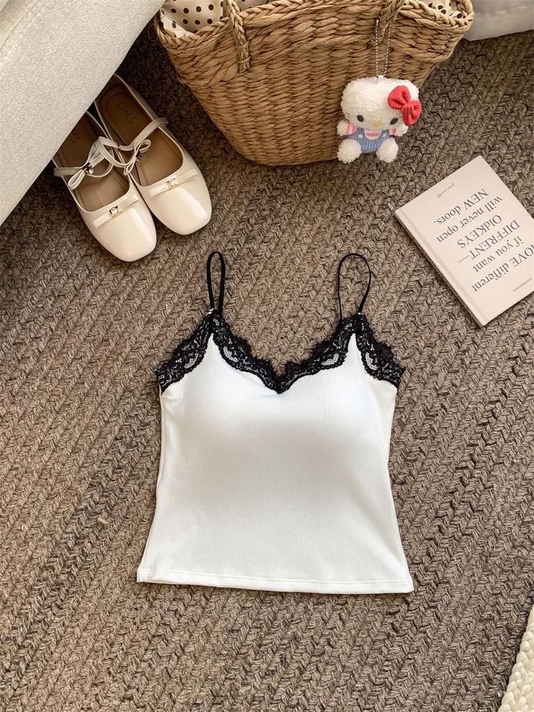 Graues Spitzen-Slim-Fit-Camisole mit eingebauten BH-Polstern - Damen Sommer Ärmelloses Top