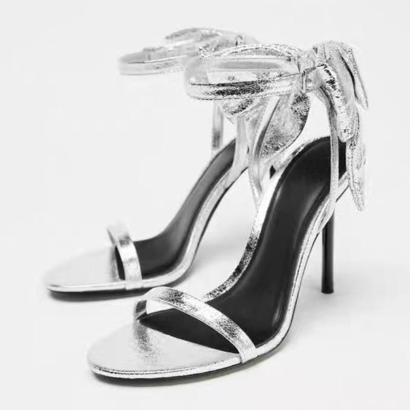 Fashion Silver Bow Decoration Brand High Heel Sandal Women Fashion Ankle Strap Buckle Designer Heels Elegant Banquet Bridal Evening Shoe