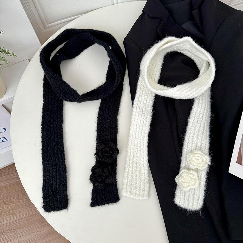 Long scarf women's winter versatile decorative small scarf hand crochet rose knitted scarf