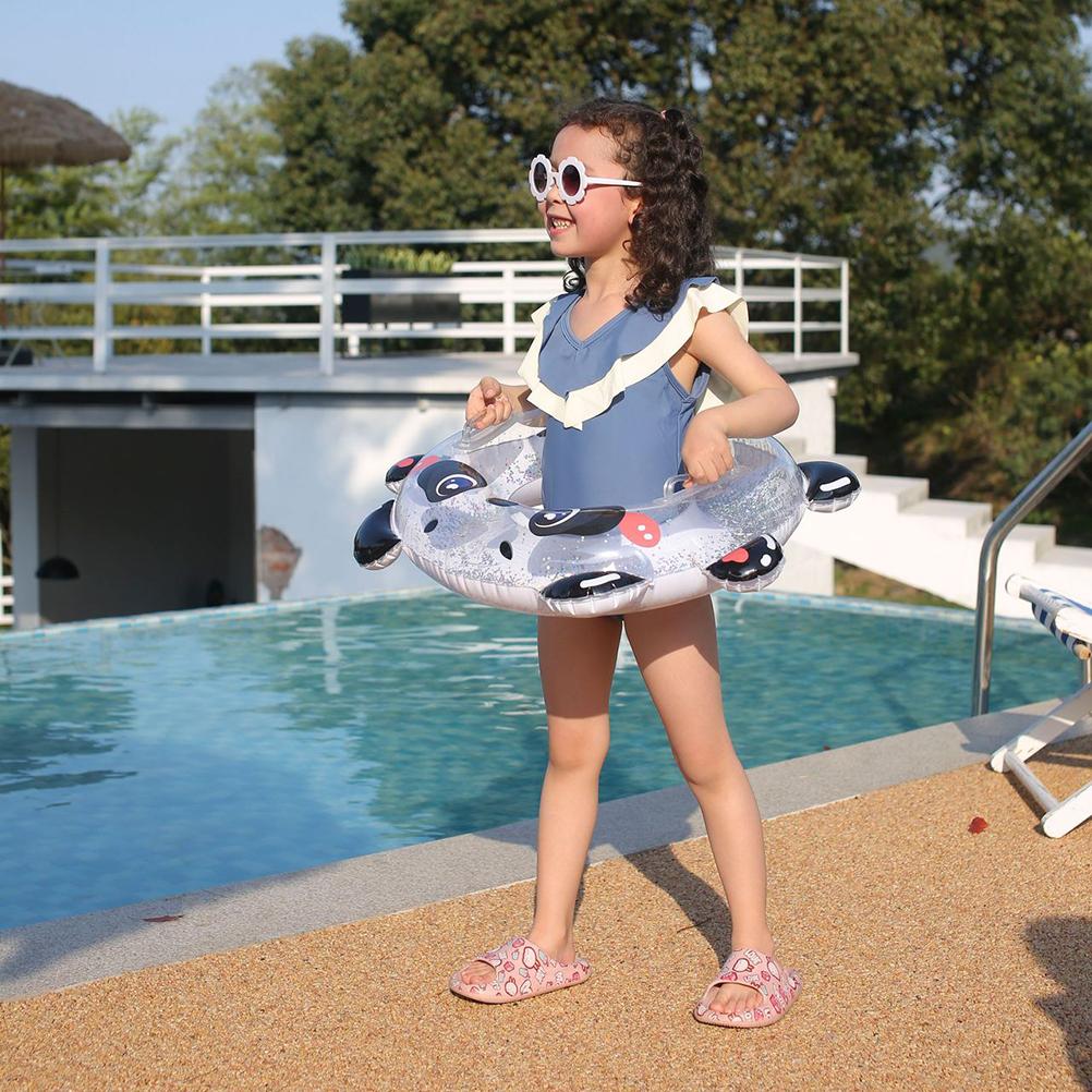 Baby Pool Float Cute Cartoon Panda Thick Inflatable Swimming Ring with Sequins Handles Pool Swim Training Aid for Kids