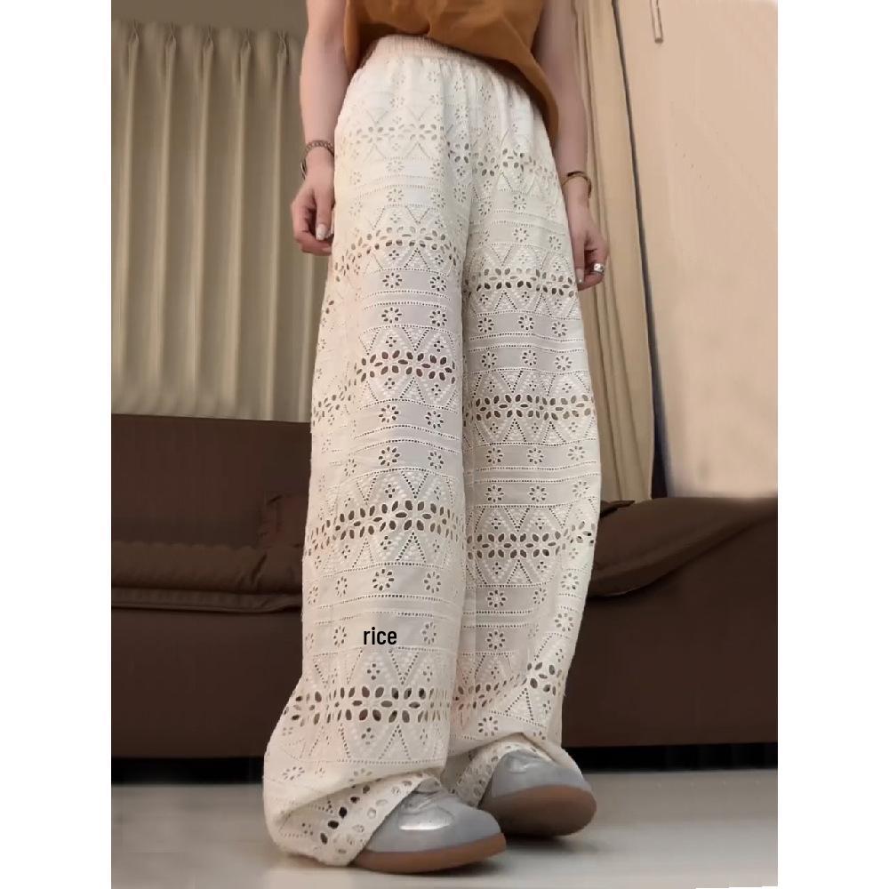 Plus Size Women's High Waist Lace Wide Leg Pants - Summer Thin, Hollow Out, Loose, Slimming, Casual Straight Leg Design