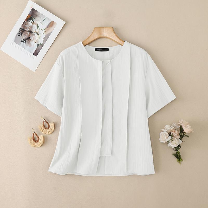 

ZANZEA Женская повседневная блузка с круглым вырезом, однотонная, с коротким рукавом M белый