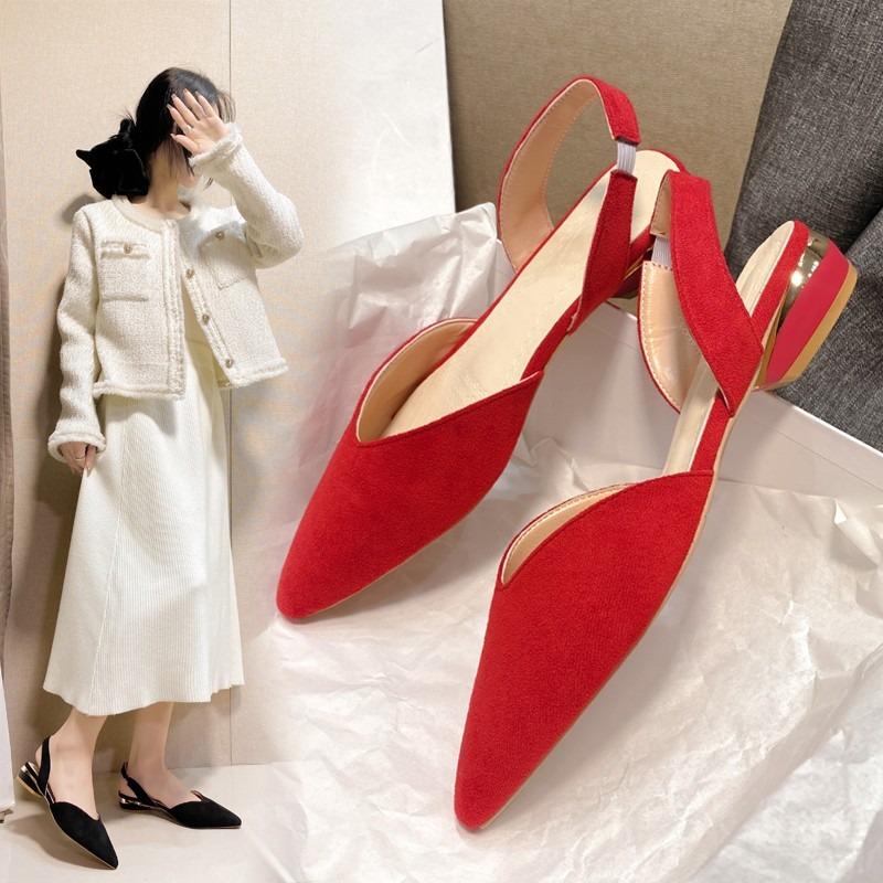 Baotou Sandals Women's Summer New Summer Simple Pointed Square Heel Sandals Low Heel Strap Fashion Women's Single Shoes