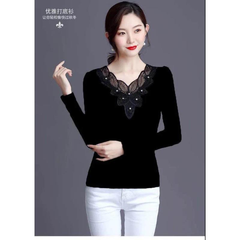 Women's New Velvet and Thickened Autumn Clothes Black Mesh Bottoming Shirt Women's Lace Fashionable Top