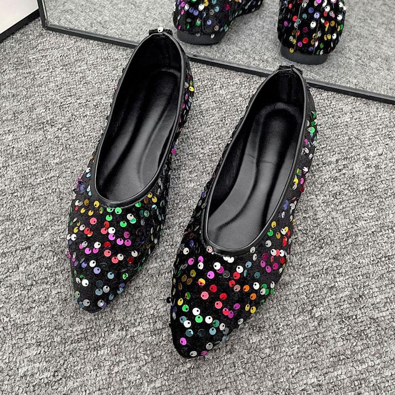 Dámské boty na podpatku, pohodlné boty s měkkou podrážkou, nazouvací boty na volný čas, módní flitry, špičaté boty, zářivé společenské boty