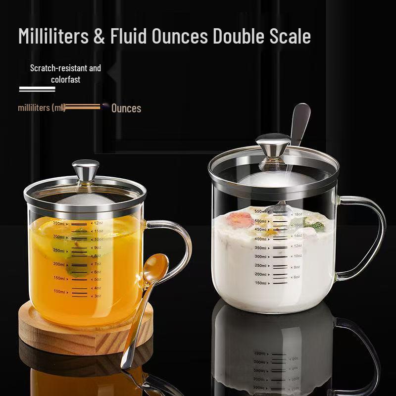 High Borosilicate Glass Cup, Heat-Resistant, Large Diameter, Double Scale, Steel Lid, Milk Cup.