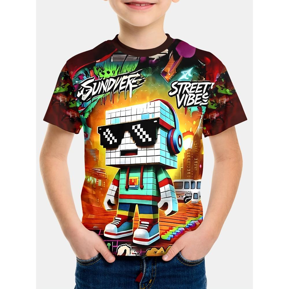 

Pixel Robot Pattern T-shirt -3D Digital Printed Full Body Game Design, Breathable Summer Short Sleeved Casual Top 140