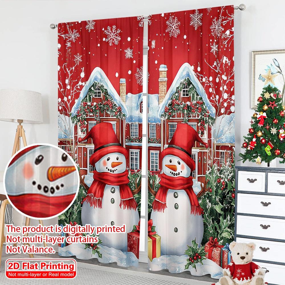 2D Flat Printing 2Pcs Christmas Curtains For Living Room House Red Snowman Printed Window Curtain Natural Drapes For Bedroom