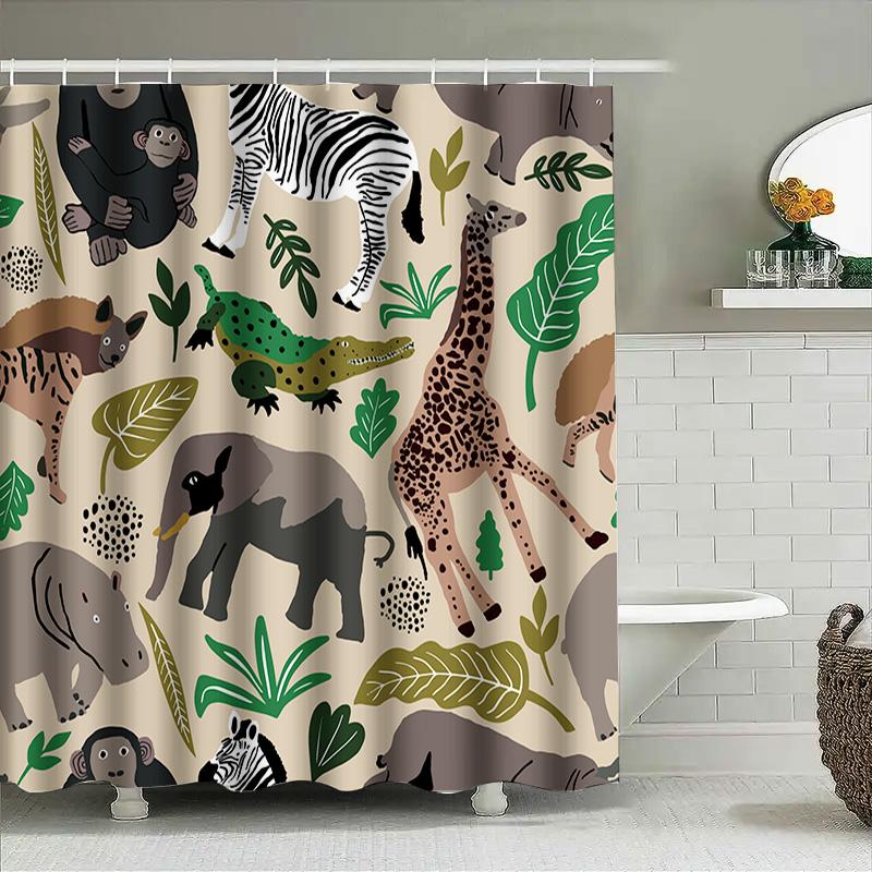 Animal Adventure Shower Curtain Jungle Safari Theme With Zebra, Giraffe Elephant Design Waterproof Fabric For Bathroom Decoratio