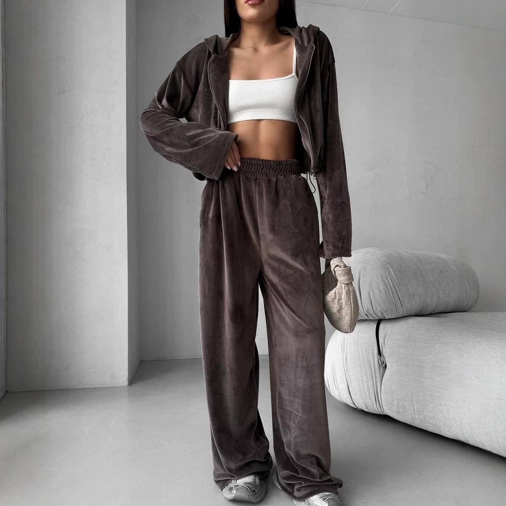 European and American style velvet hooded suit women's short jacket high waist wide leg pants relaxation casual two-piece suit women