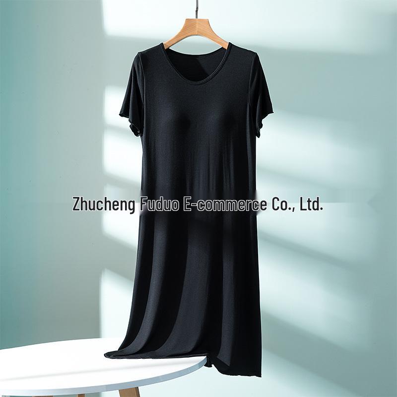 Women's Ruffle Short-Sleeve Nightgown with Chest Pad, Modal Spring/Summer Long Dress for Home Wear
